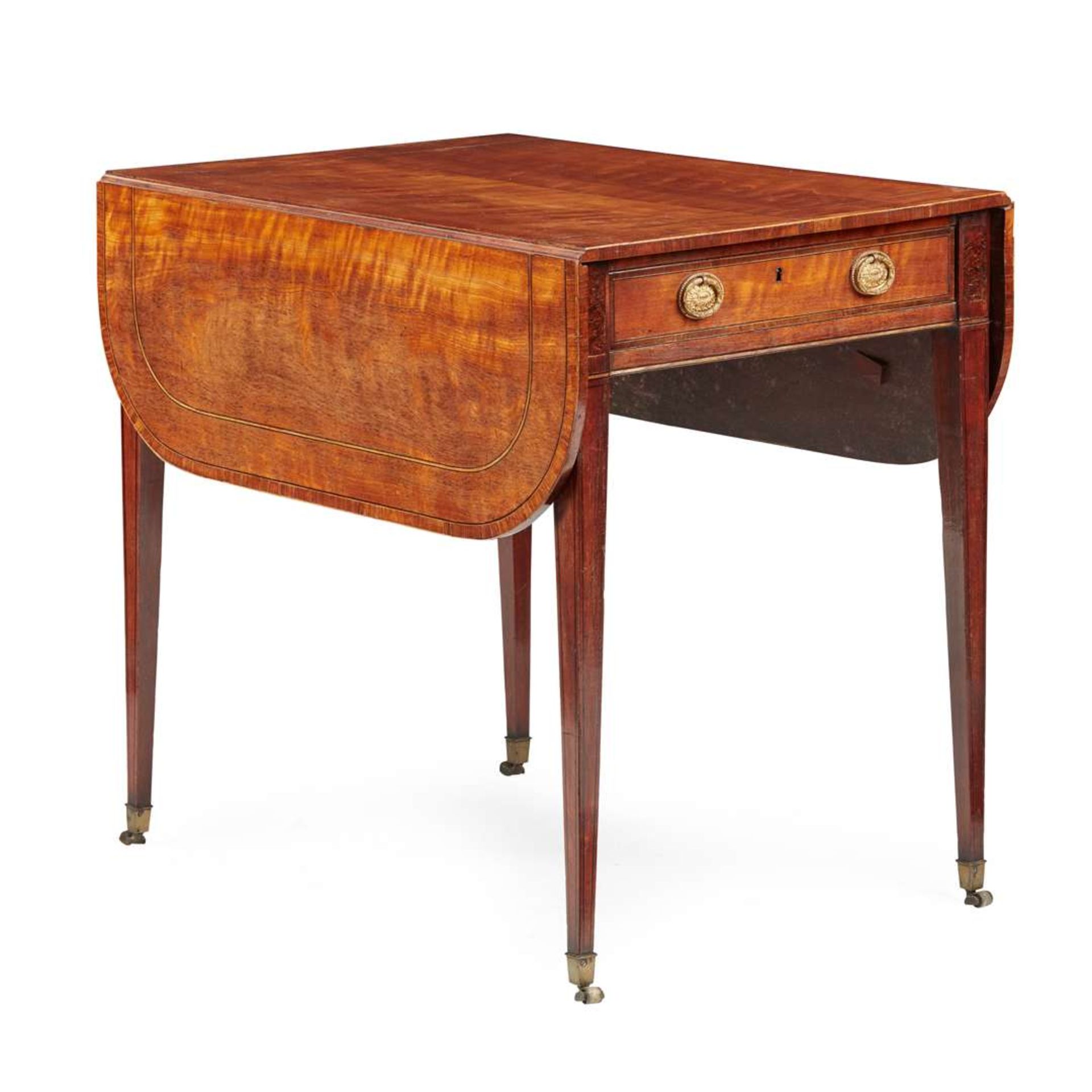 LATE GEORGE III SATINWOOD, TULIPWOOD, AND YEW PEMBROKE TABLE