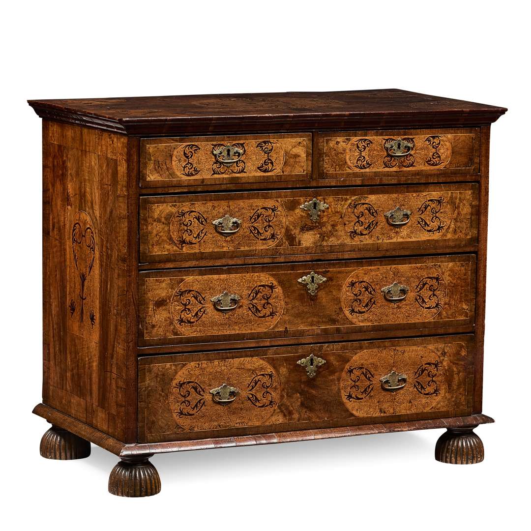 WILLIAM AND MARY WALNUT AND FRUITWOOD SEAWEED MARQUETRY CHEST OF DRAWERS