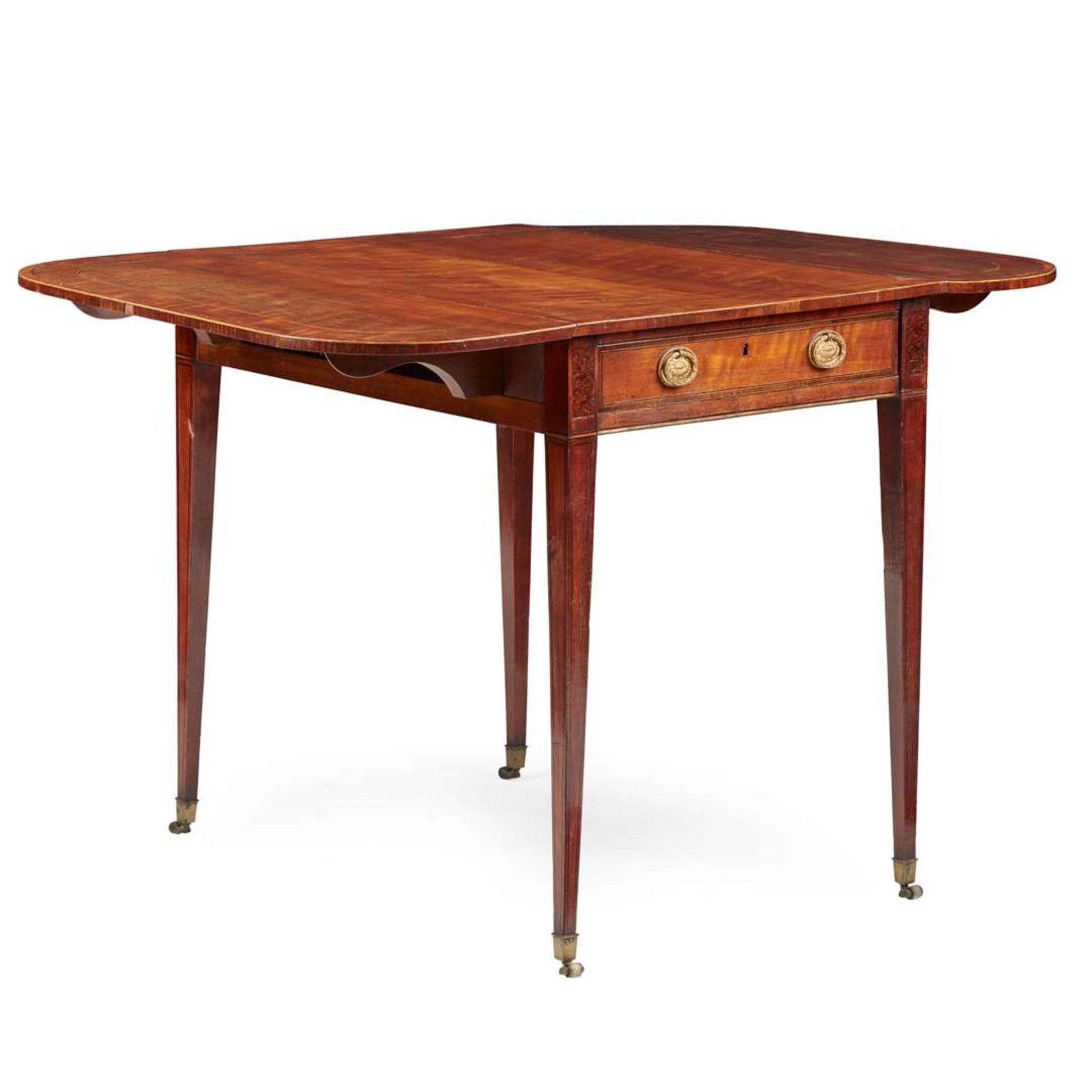 LATE GEORGE III SATINWOOD, TULIPWOOD, AND YEW PEMBROKE TABLE - Image 2 of 2