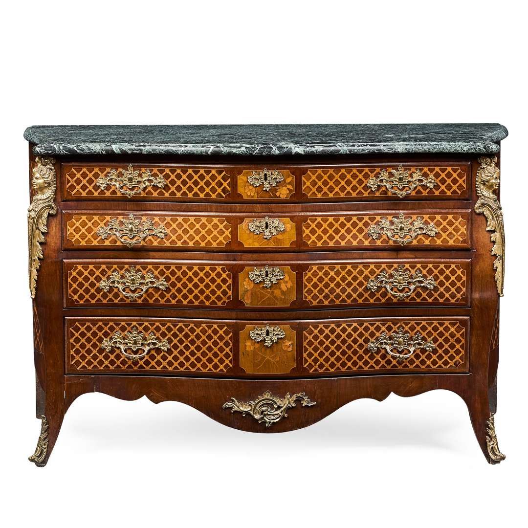 GEORGE III MAHOGANY AND HAREWOOD PARQUETRY AND MARQUETRY MARBLE TOPPED BOMBE COMMODE