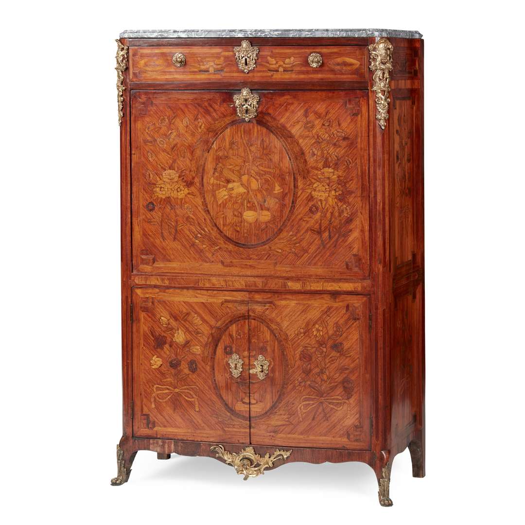 FRENCH TRANSITIONAL TULIPWOOD, AMARANTH, AND FRUITWOOD MARQUETRY SECRETAIRE A ABBATANT