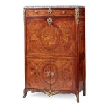 FRENCH TRANSITIONAL TULIPWOOD, AMARANTH, AND FRUITWOOD MARQUETRY SECRETAIRE A ABBATANT