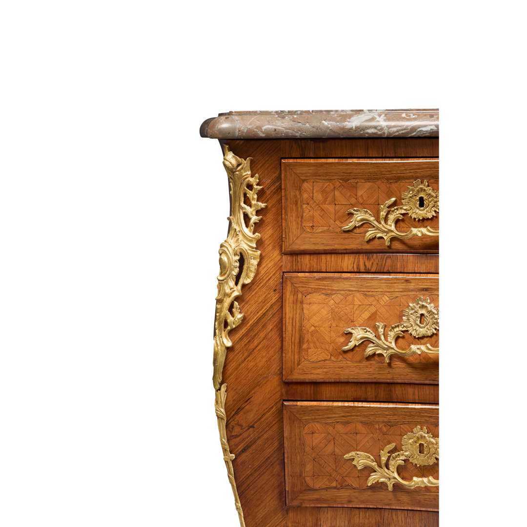 LOUIS XV KINGWOOD, TULIPWOOD AND PARQUETRY MARBLE TOPPED COMMODE - Image 4 of 7