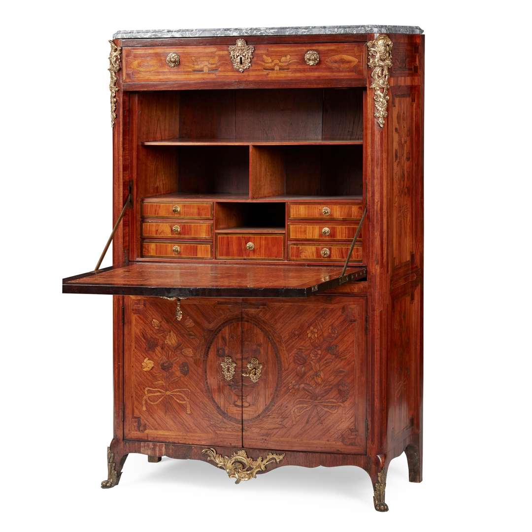 FRENCH TRANSITIONAL TULIPWOOD, AMARANTH, AND FRUITWOOD MARQUETRY SECRETAIRE A ABBATANT - Image 2 of 10