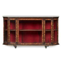 DUTCH WALNUT, EBONISED AND MARQUETRY MARBLE TOPPED DISPLAY CABINET