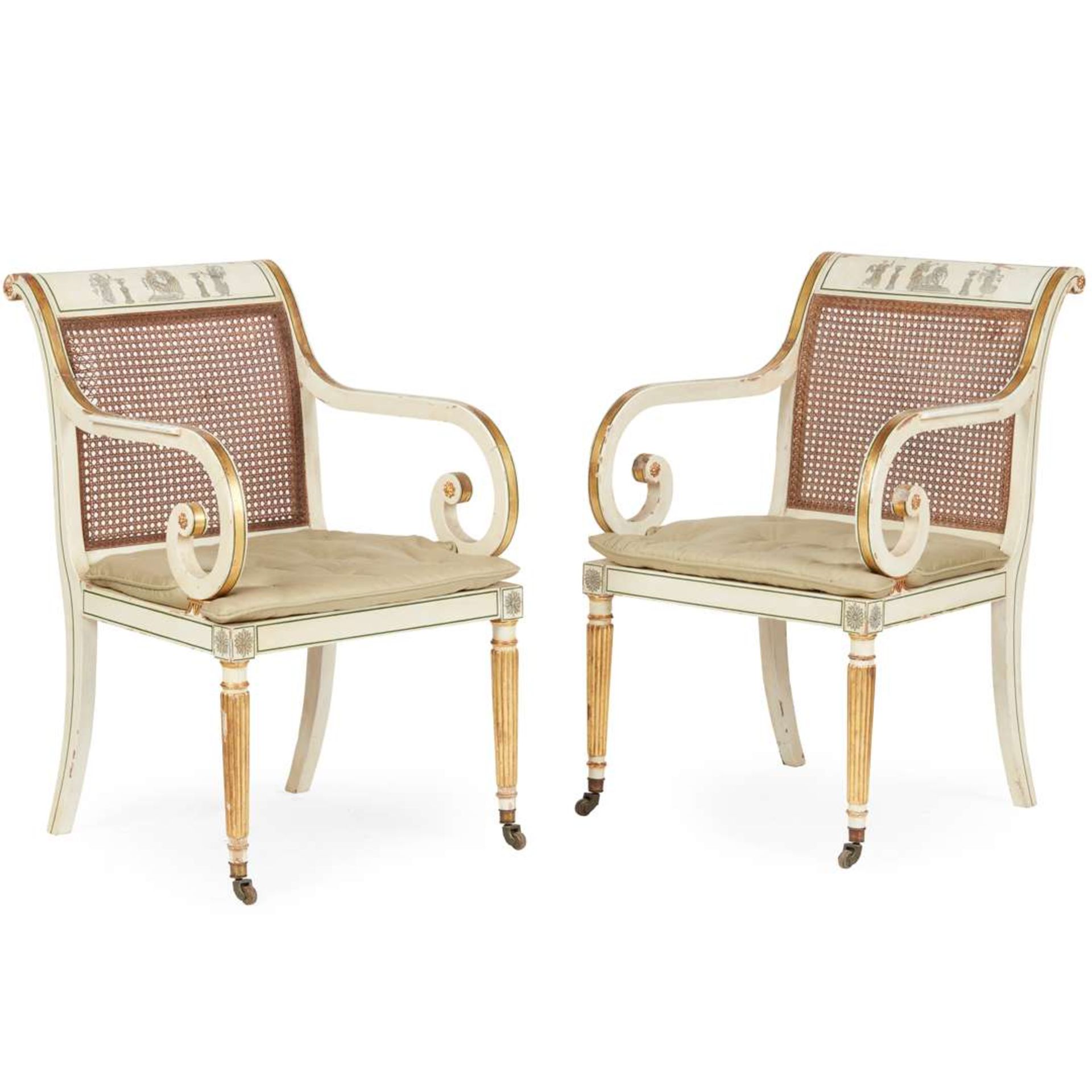 PAIR OF REGENCY STYLE CREAM PAINTED AND PARCEL-GILT ARMCHAIRS