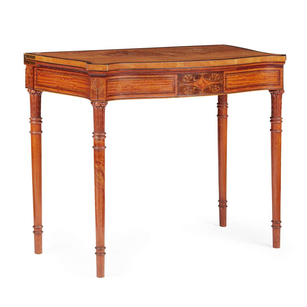 SHERATON REVIVAL SATINWOOD, PURPLE HEART AND MARQUETRY CARD TABLE, IN THE MANNER OF JOHN LINNELL