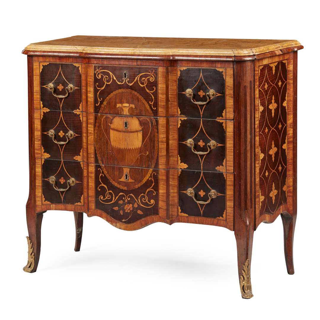 GEORGE III HAREWOOD, ROSEWOOD, AND BOXWOOD BREAKFRONT MARQUETRY MARBLE TOPPED COMMODE