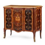 GEORGE III HAREWOOD, ROSEWOOD, AND BOXWOOD BREAKFRONT MARQUETRY MARBLE TOPPED COMMODE