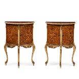 PAIR OF CONTINENTAL MARQUETRY AND PAINTED BEDSIDE TABLES