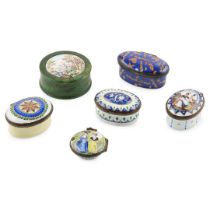 GROUP OF SIX ENAMEL SNUFF AND PATCH BOXES