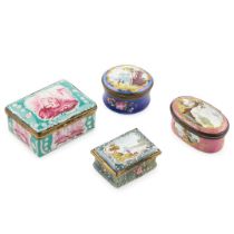 GROUP OF FOUR BILSTON ENAMEL SNUFF OR PATCH BOXES