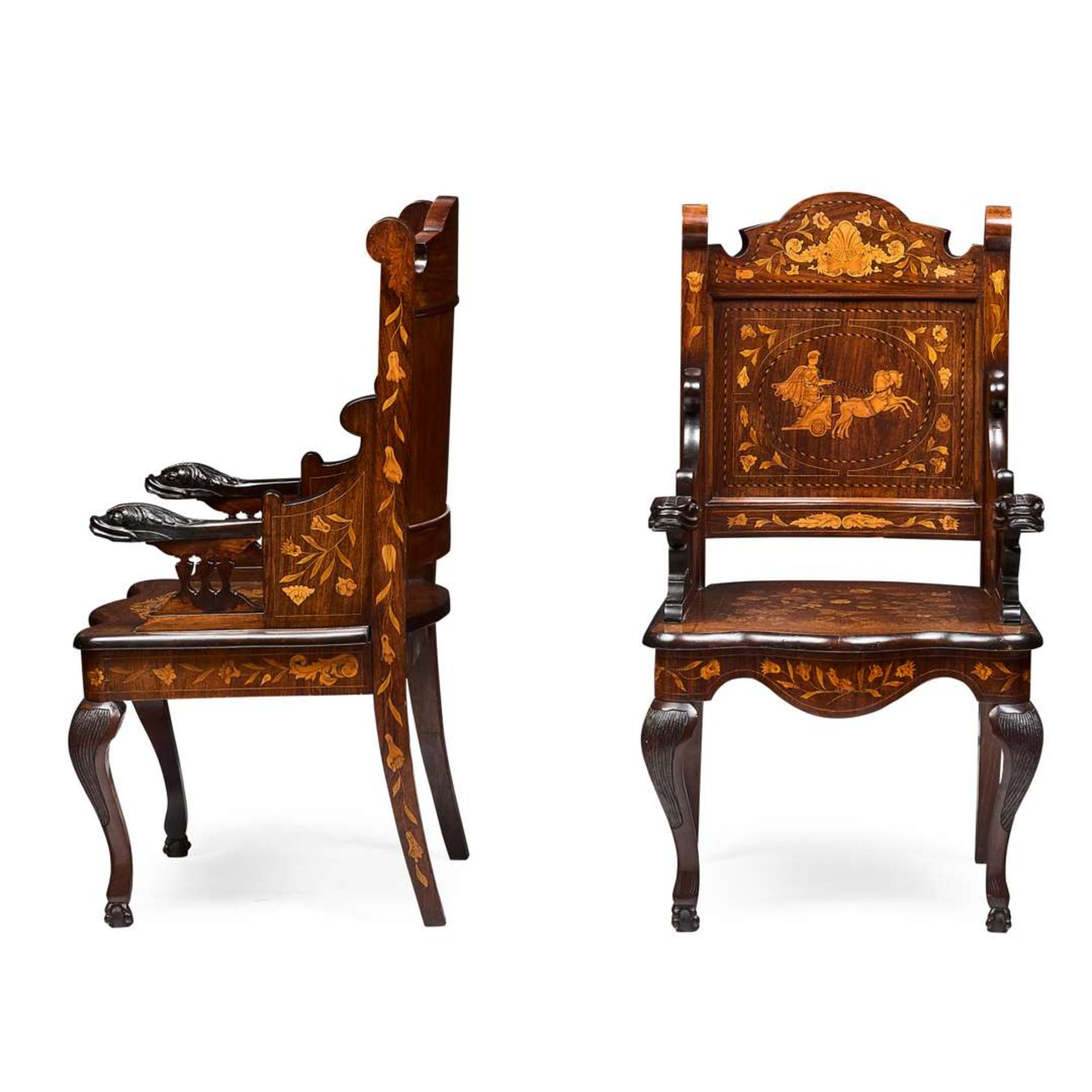 PAIR OF DUTCH WALNUT AND MARQUETRY ARMCHAIRS - Image 2 of 3