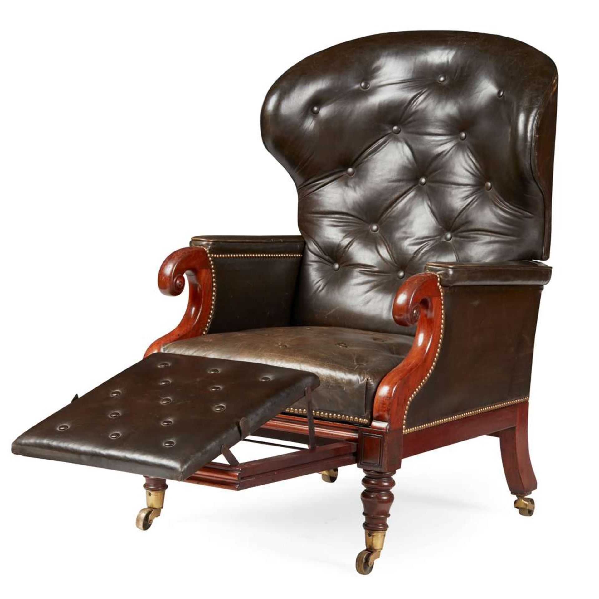 WILLIAM IV MAHOGANY LEATHER UPHOLSTERED RECLINING ARMCHAIR