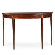 GEORGE III MAHOGANY, SATINWOOD AND PAINTED DEMILUNE CONSOLE TABLE