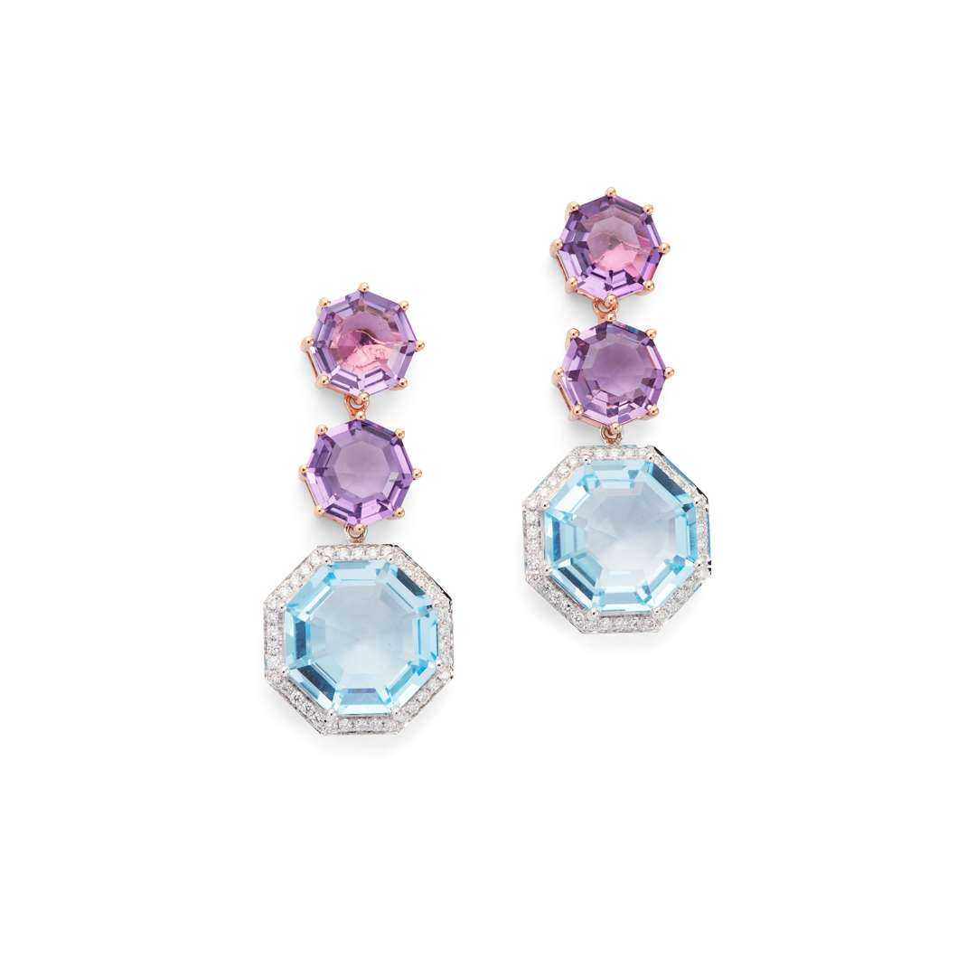 A pair of amethyst, topaz and diamond pendent earrings