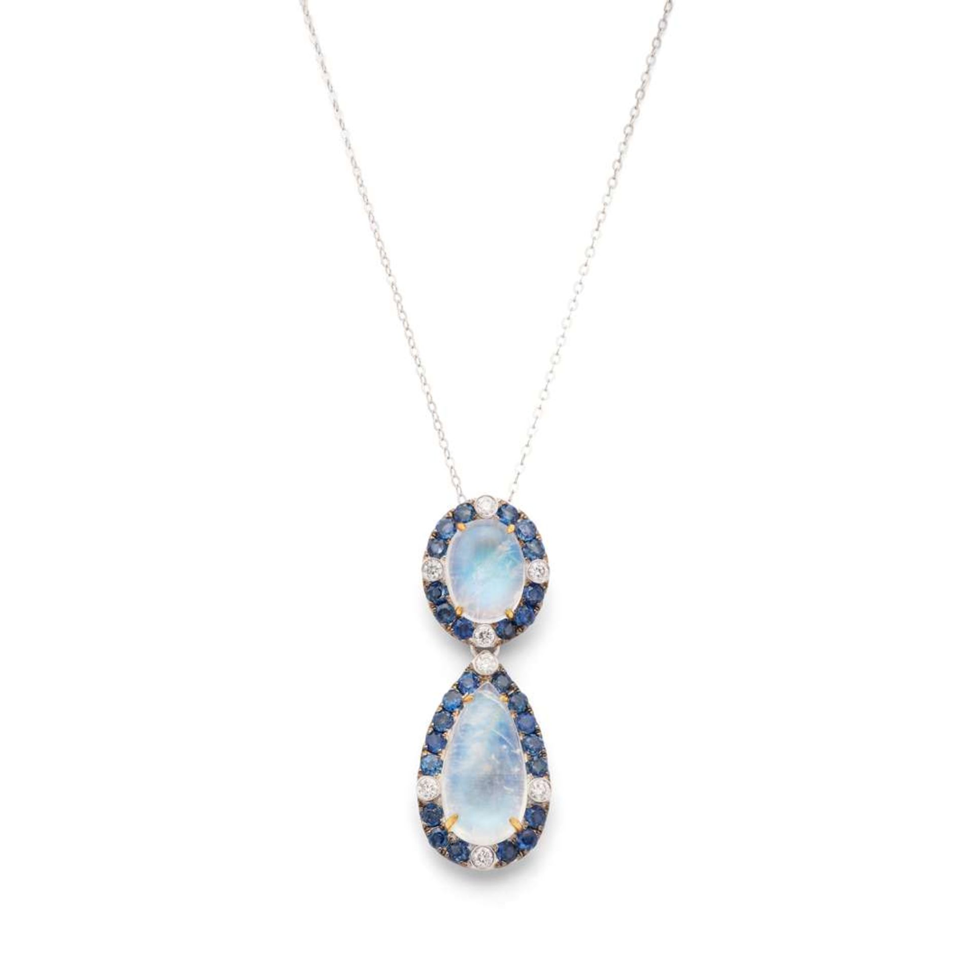 A moonstone, sapphire and diamond pendant