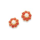 A pair of coral and pearl cluster earrings