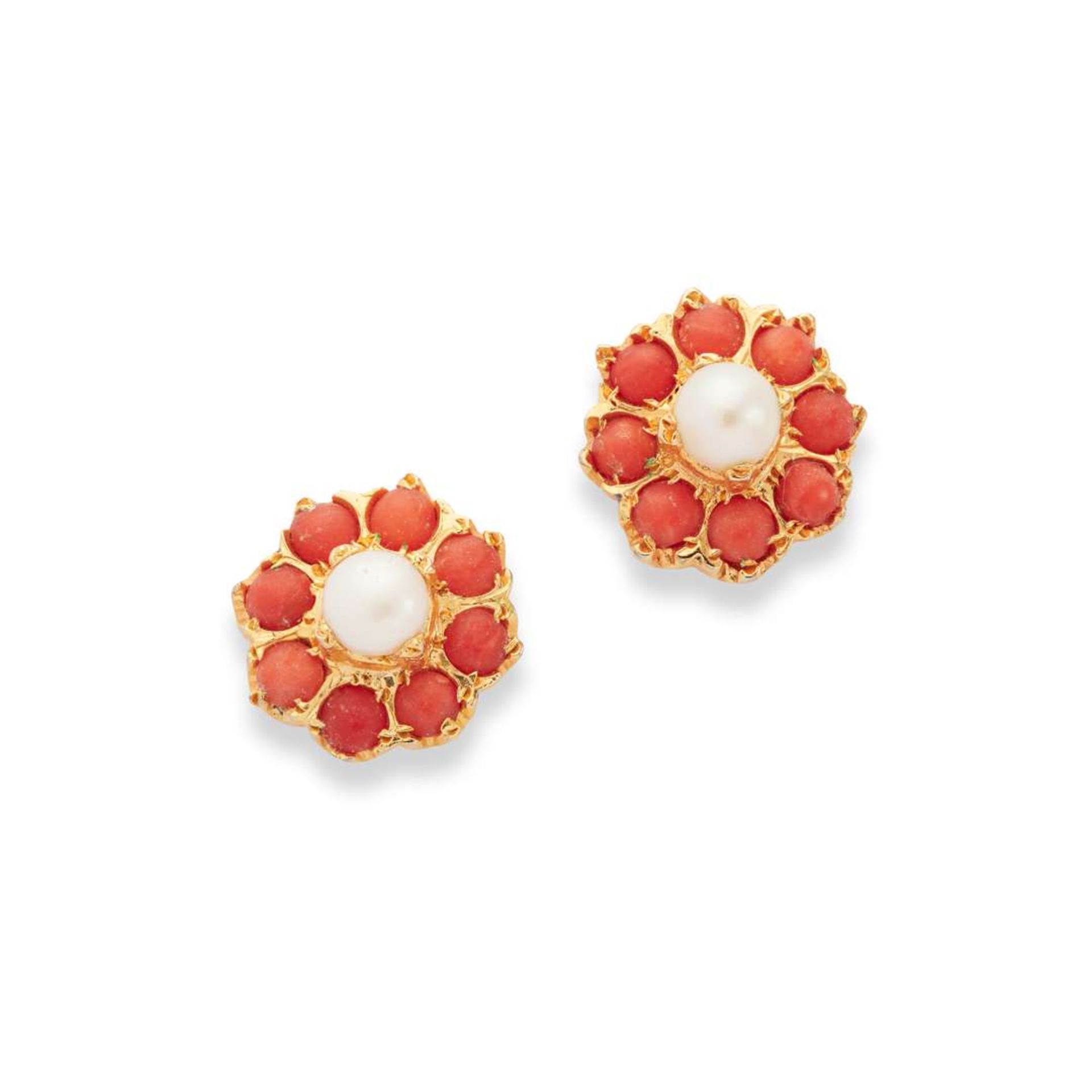 A pair of coral and pearl cluster earrings