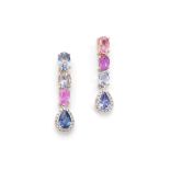 A pair of sapphire and diamond pendent earrings