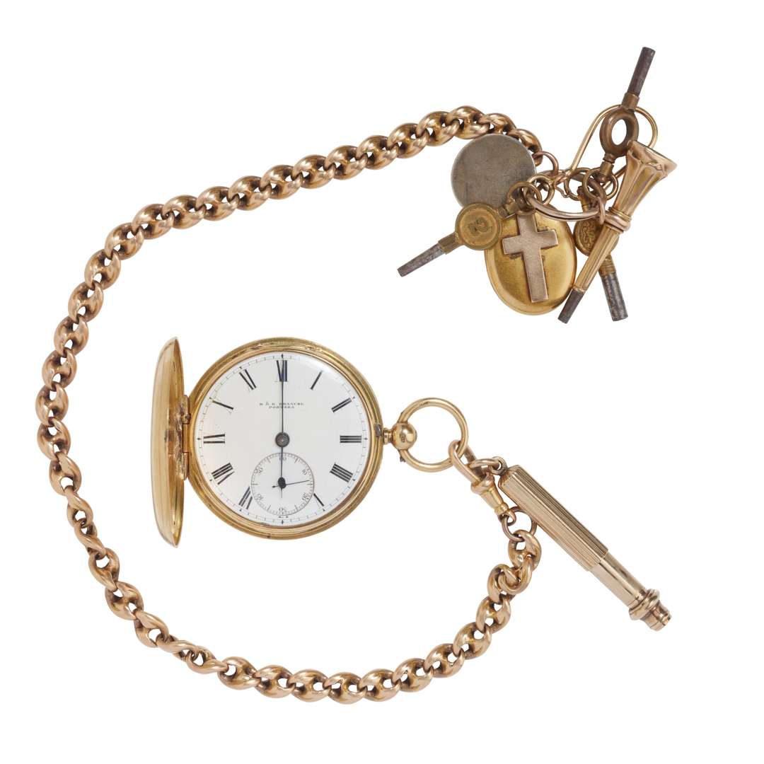 E & E Emanuel, Portsea. An 18k gold key-wind hunting cased pocket watch with chain and accessories