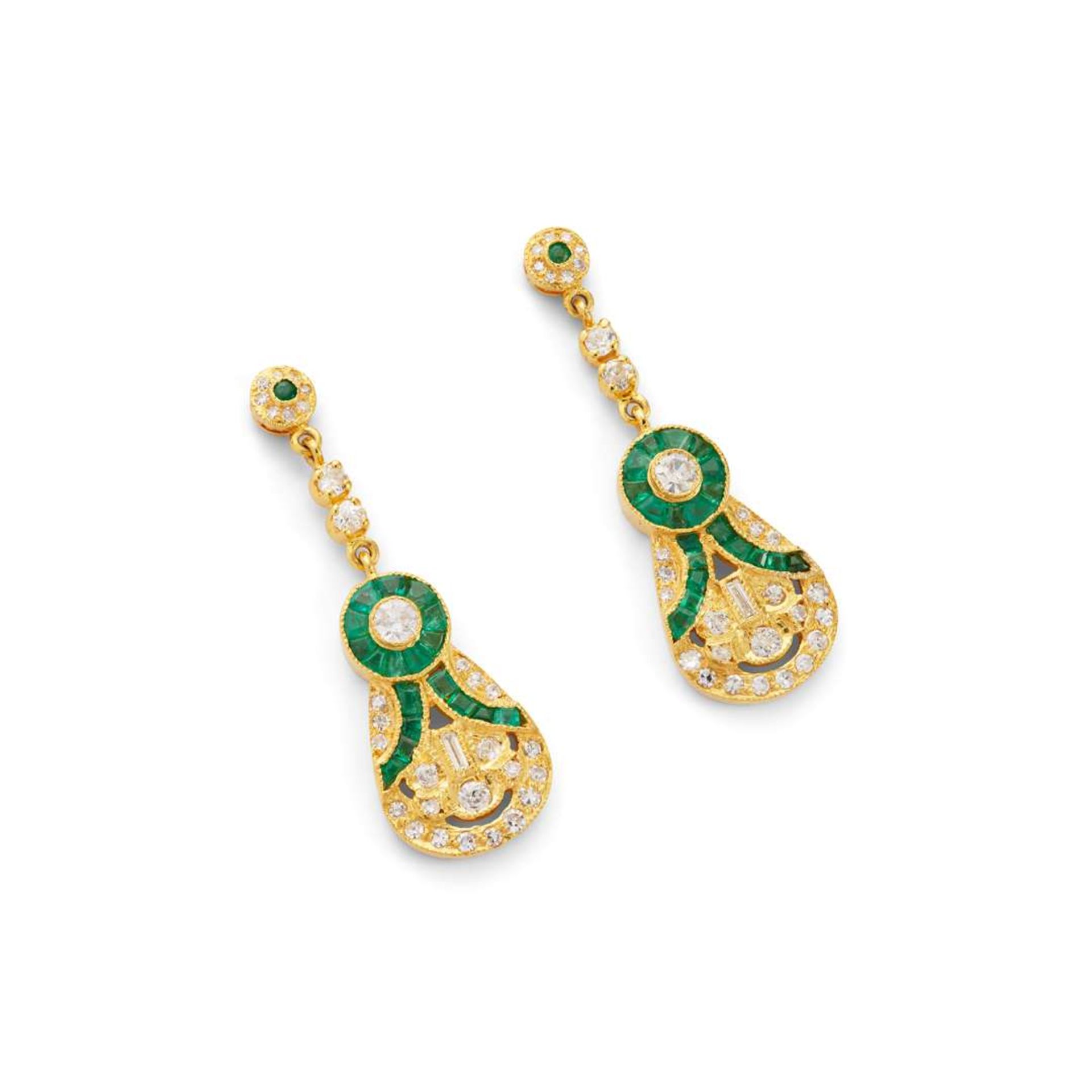 A pair of emerald and diamond pendent earrings