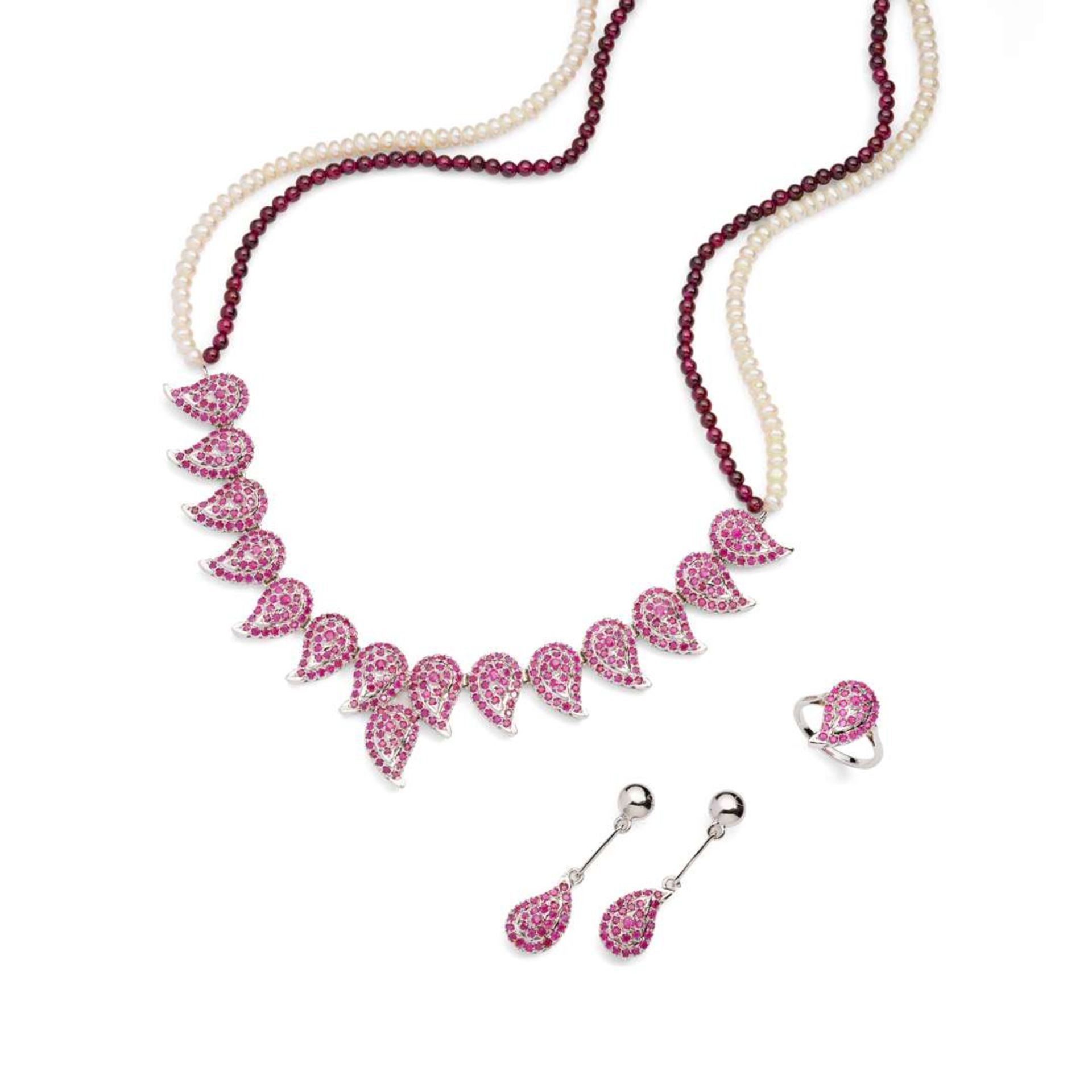 A part-suite of Indian style ruby and pearl jewellery