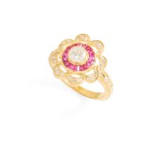 A ruby and diamond floral cluster ring