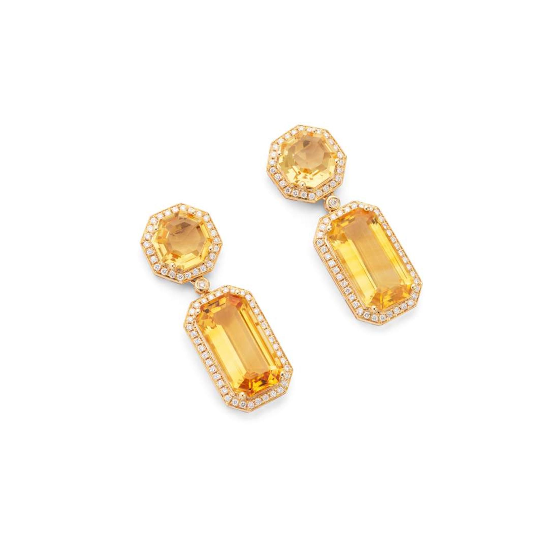 A pair of citrine and diamond pendent earrings