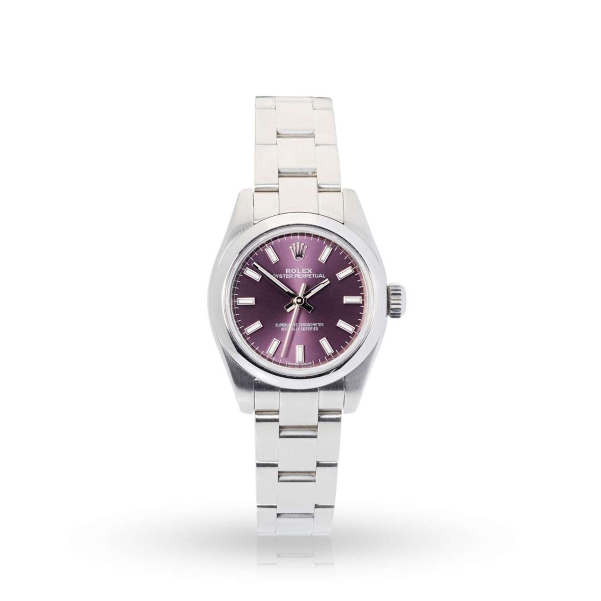 Rolex. A fine Ladies stainless steel automatic wristwatch with purple coloured dial