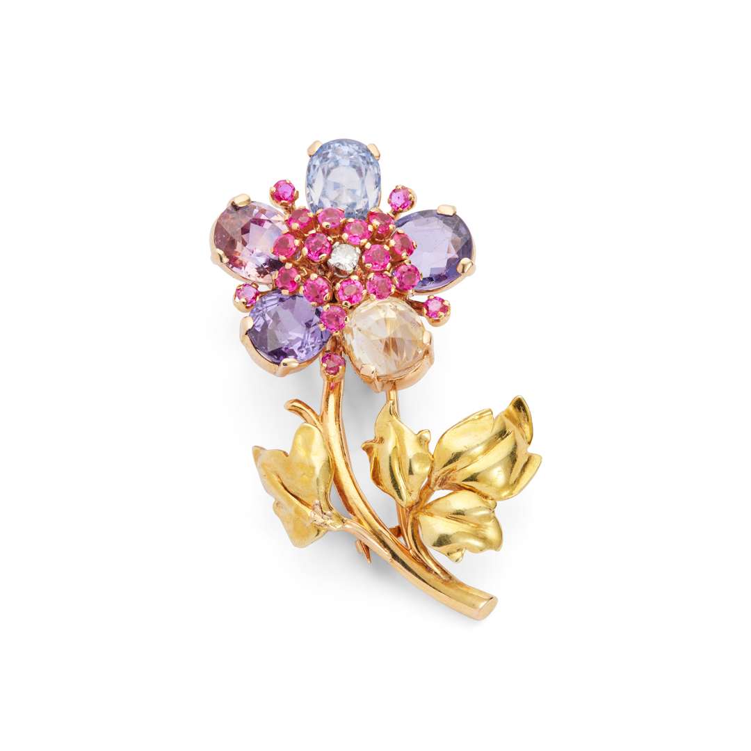 A sapphire, ruby and diamond floral brooch