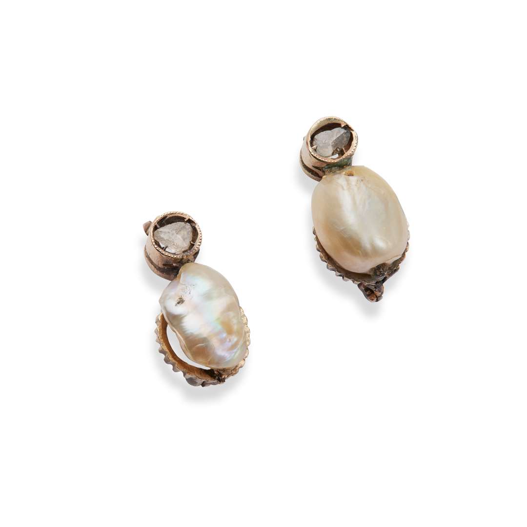 A pair of natural pearl and diamond earrings