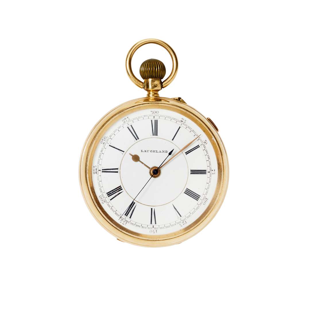 Laughland. An 18k gold open face keyless pocket watch with stop seconds