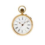 Laughland. An 18k gold open face keyless pocket watch with stop seconds