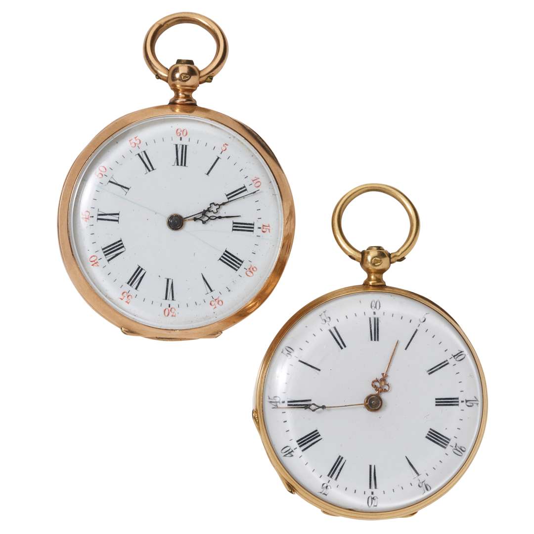 A collection of two Continental 18k gold key-wind fob watches