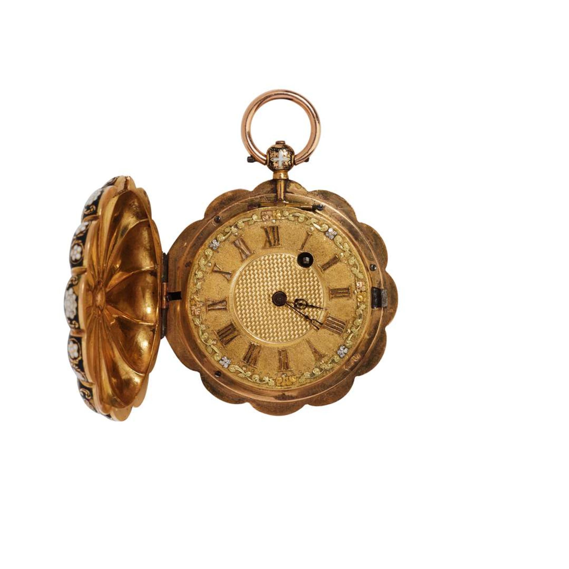 A fine, rare and unusual gold and enamel hunting cased scallop watch