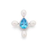 A blue topaz, pearl and diamond pendant