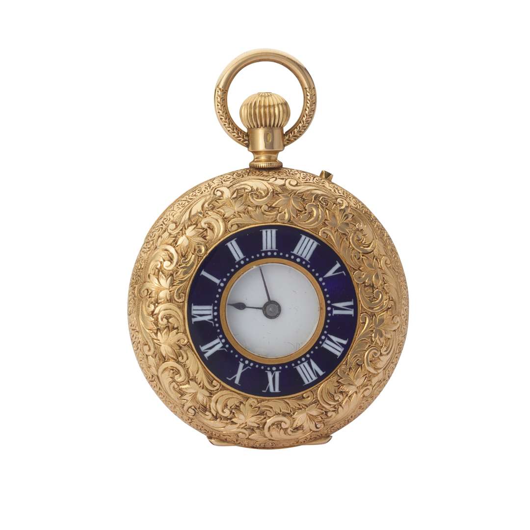 Swiss. An 18k yellow gold and enamel half-hunter pocket watch