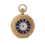 Swiss. An 18k yellow gold and enamel half-hunter pocket watch