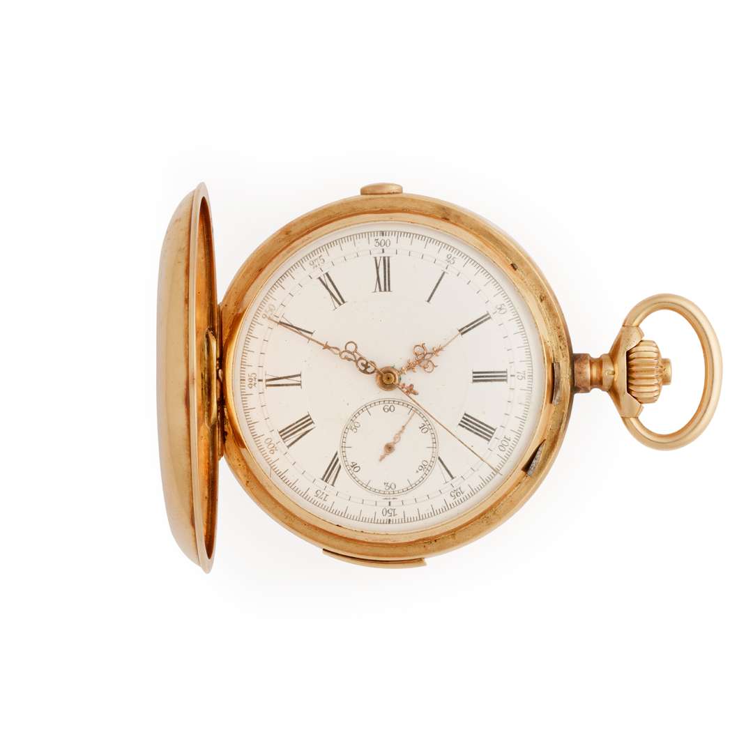 Swiss. A hunting cased quarter repeating pocket watch with chronograph