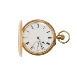 An 18k gold hunting cased keyless pocket watch