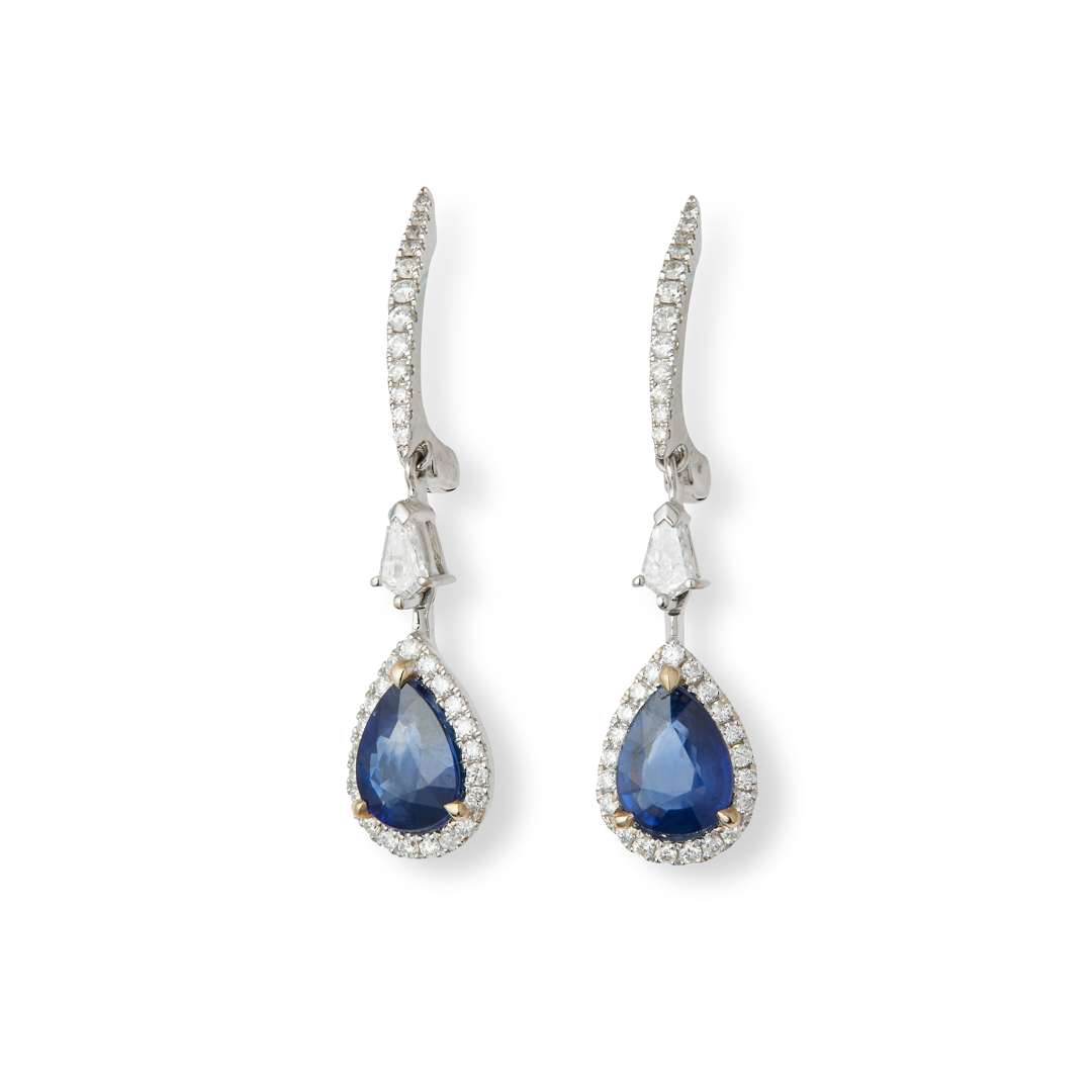 A pair of sapphire and diamond pendent earrings