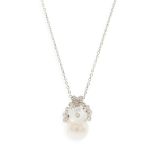 An 18ct gold cultured pearl, diamond and mother-of-pearl floral pendant necklace