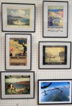 A collection of five vintage railway poster prints, framed and glazed, together with a photograph of