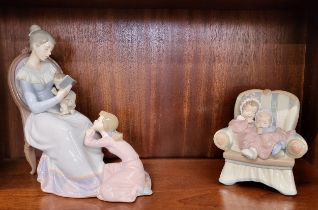 Lladro seated lady with baby reading book to young girl, 25.5cm, and two children asleep in