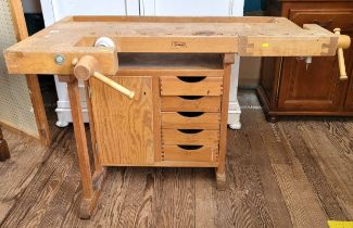A Sjoberg Stockaryd Swedish tool/work bench with cupboard and five drawers.