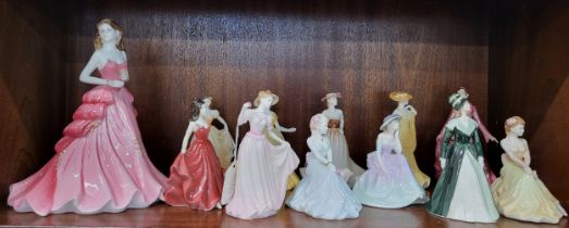 Twelve Coalport porcelain Ladies including Ruby Anniversary, 20cm, Penelope and April, 10cm to 12.
