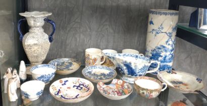 English and Oriental ceramics including cylindrical vase, tea bowls and saucers, sauceboat,