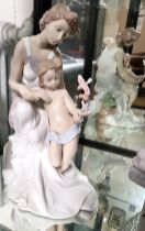 Lladro mother and child with two birds, 34cm.