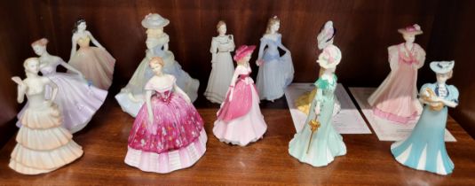 Coalport porcelain ladies including Chelsea, Lady Eliza and Lady Emma, 12cm to 14cm. (12)